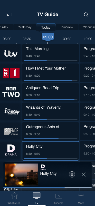 Early prototype: TV Guide grid view with mini player